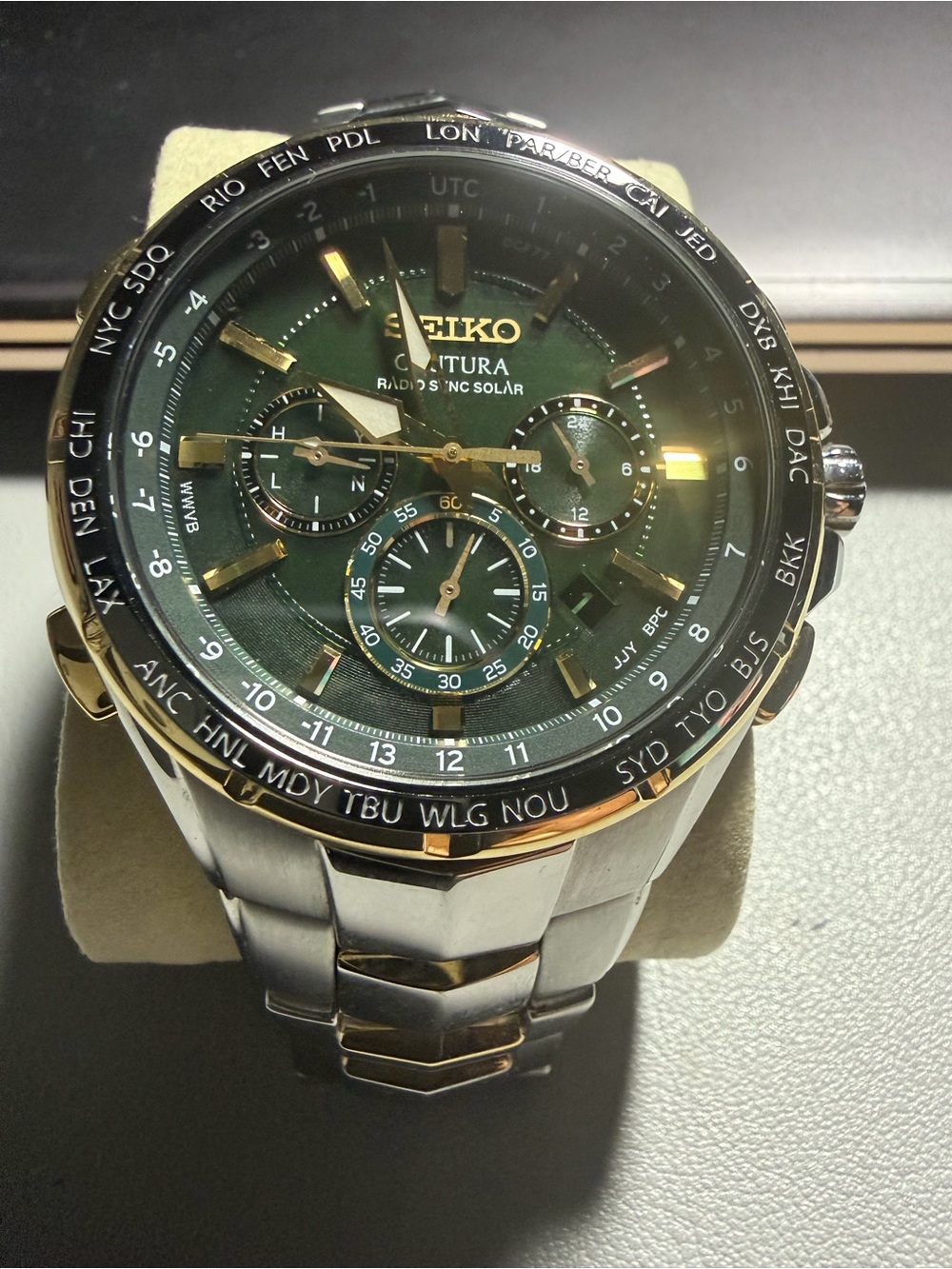 Seiko Coutura Radio Sync Solar Chronograph 
Two Tone Mens Watch #SSG022